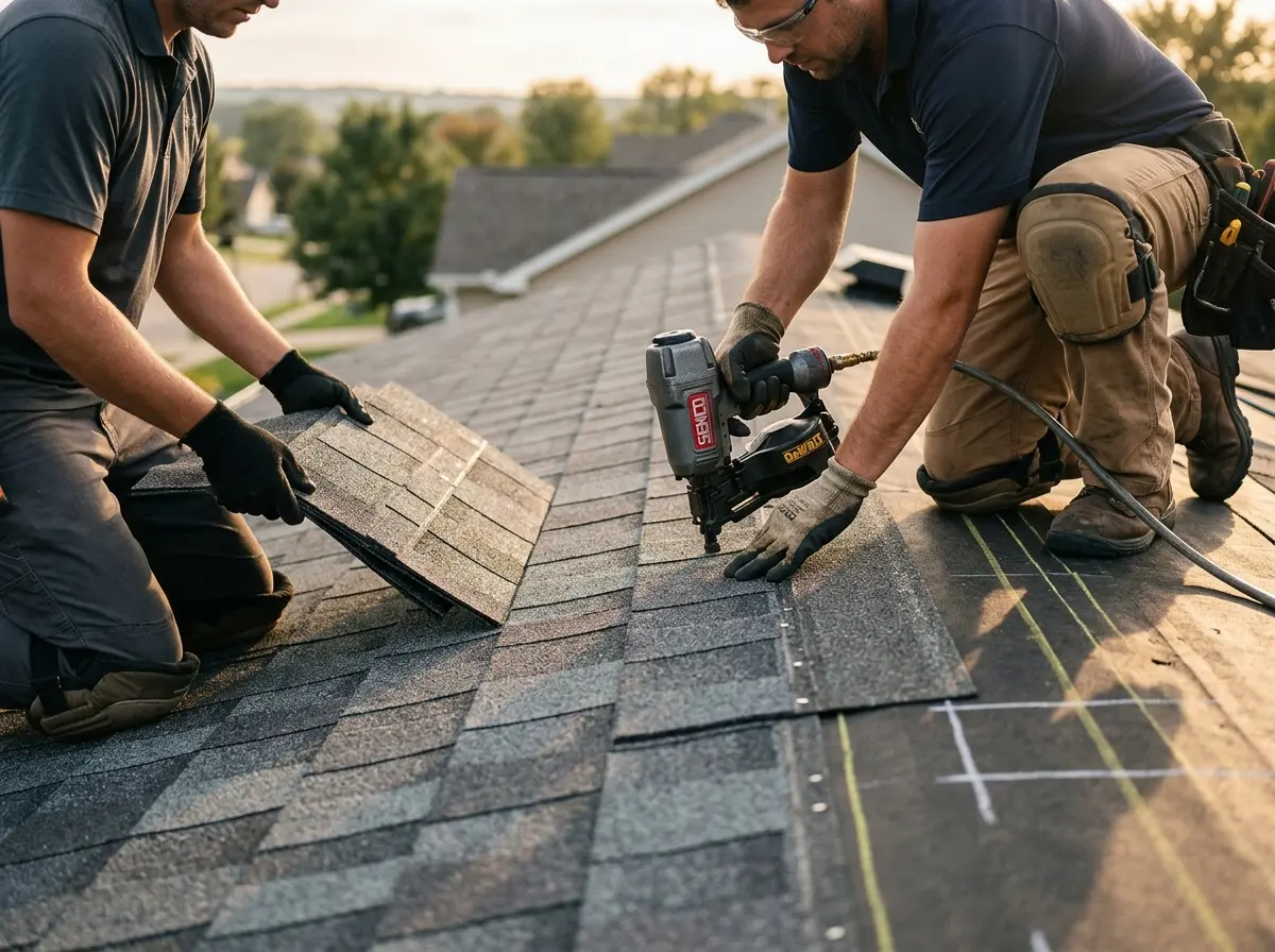 Professional roofer working on a residential roof in Mount Joy